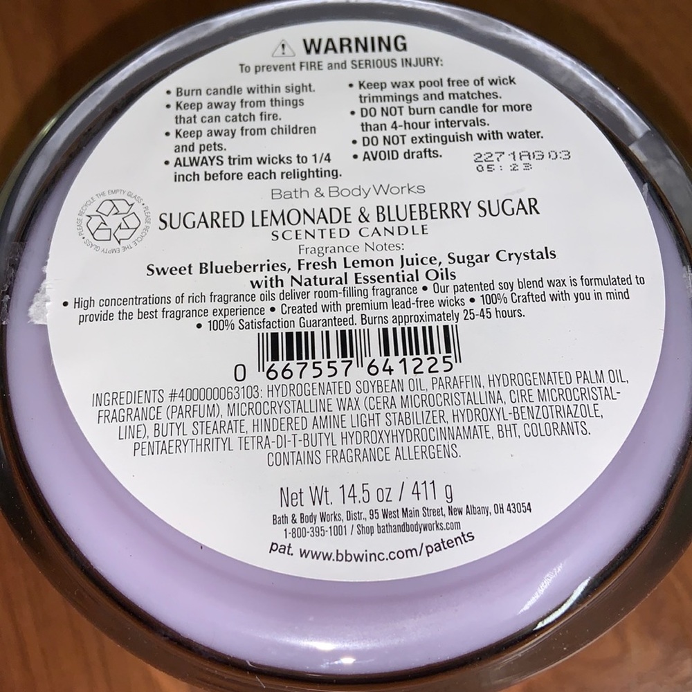 Bath and Body Works Sugared Lemonade & Blueberry 🫐 Sugar Three Wick Candle - Picture 6 of 6